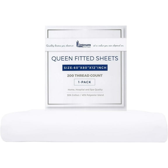 Linteum Textile Queen White Fitted Bed Sheets, 60x80x12 Inches, 200 Thread Count (1 Pack)