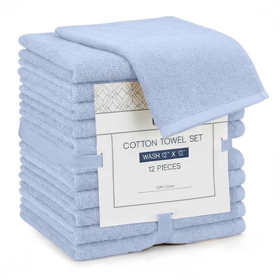 Linteum Textile Supply 12x12 Washcloth (Light Blue) – 100% Ring Spun Cotton Zero Twist Towels | Absorbent, Quick Dry, Durable for Bathroom, Spa, Gym (12 Pack)