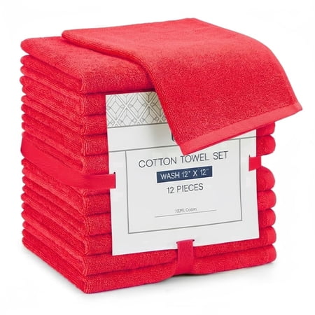 Linteum Textile Supply 12x12 Washcloth (Red) – 100% Ring Spun Cotton Zero Twist Towels | Absorbent, Quick Dry, Durable for Bathroom, Spa, Gym (12 Pack)