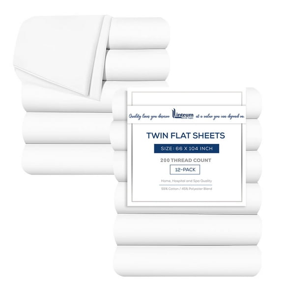 Linteum Textile Supply White Bed Sheet 66 x 104 inches– Soft and Comfortable Twin Size Flat Percale Sheets 200 Thread Count Top Sheets for Home, Hospitals, Spas & Rental Properties (12 Pack)