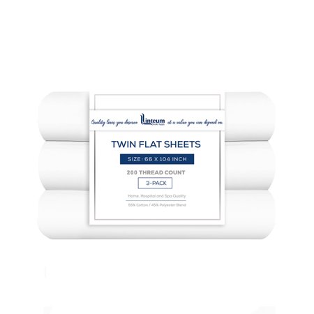 Linteum Textile Supply White Bed Sheet 66 x 104 inches– Soft and Comfortable Twin Size Flat Percale Sheets 200 Thread Count Top Sheets for Home, Hospitals, Spas & Rental Properties (3 Pack)