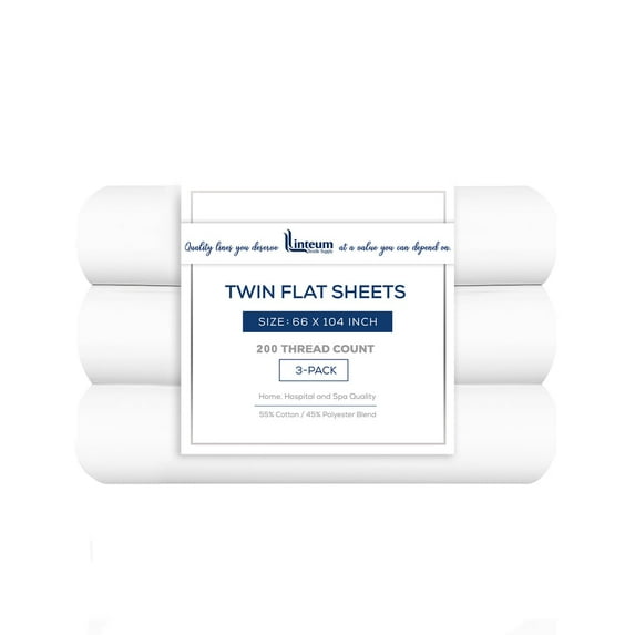 Linteum Textile Supply White Bed Sheet 66 x 104 inches– Soft and Comfortable Twin Size Flat Percale Sheets 200 Thread Count Top Sheets for Home, Hospitals, Spas & Rental Properties (3 Pack)