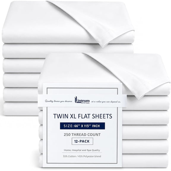 Linteum Textile Supply White Bed Sheets – Soft and Comfortable Spa & Massage Flat Sheets 250 Thread Count Top Sheets for Hotels, Home, Hospitals, Spas & Rental Properties (12 Pack, 66x115 Inches)