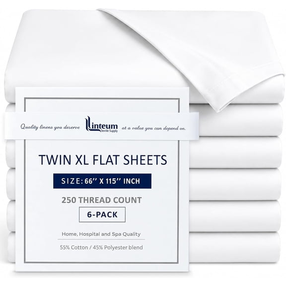 Linteum Textile Supply White Bed Sheets – Soft and Comfortable Spa & Massage Flat Sheets 250 Thread Count Top Sheets for Hotels, Home, Hospitals, Spas & Rental Properties (6 Pack, 66x115 Inches)