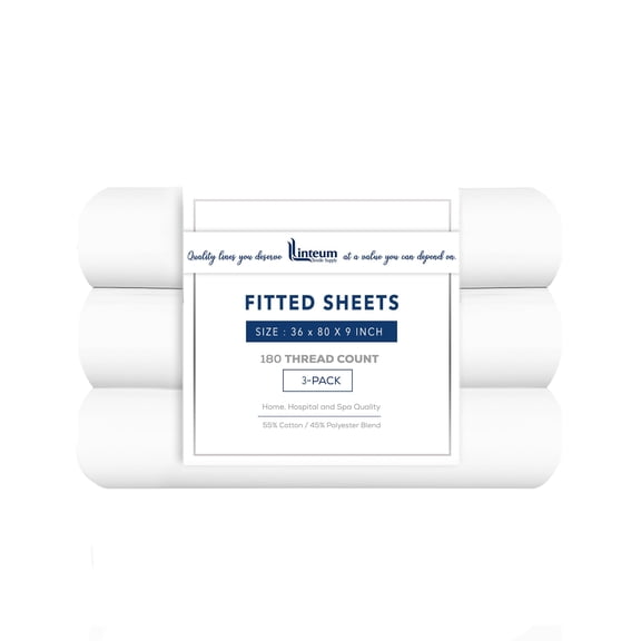 Linteum Textile Supply White Fitted Sheet Twin 36x80x9 Inches 3-Pack Poly Cotton Blend 180 Thread Count Durable Breathable Easy Care Bottom Sheets for Hospitals, Hotels, Healthcare, Spa