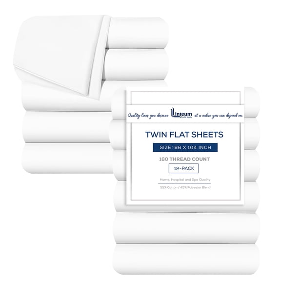 Linteum Textile Supply White Flat Sheet Twin 66x104 Inches 12-Pack Poly Cotton Blend 180 Thread Count Durable, Breathable Easy Care Top Sheets for Hotels, Hospitals, Spas, Healthcare Facilities