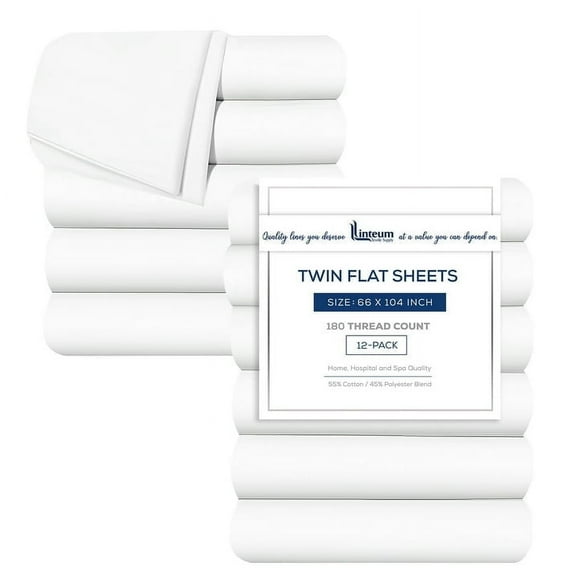 Linteum Textile Twin White Flat Sheet, 180 Thread Count (12 Pack, 66x104 Inches)