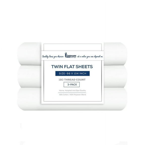 Linteum Textile Twin White Flat Sheet, 180 Thread Count (3 Pack, 66x104 Inches)