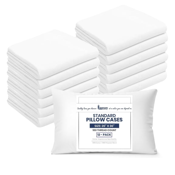Linteum Textile Supply White Polycotton Pillow Cases Standard Queen Size Super Soft Pillowcase T-180 Quality Wrinkle, Shrink Resistant Pillow Cover for Hotel, Home, Spa & Hospitals (12 Pack)
