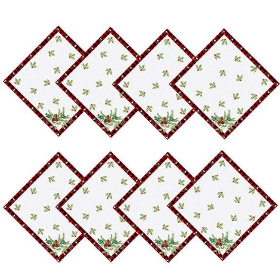 Christmas Aspen Red Black Plaid and Garland Set of 8 Fabric Bordered Dining Napkins