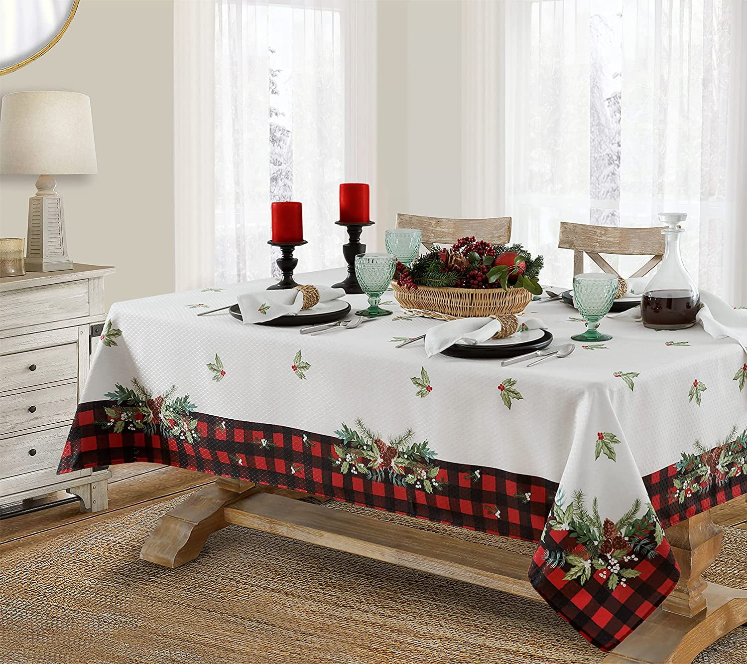 Aspen Red Black Plaid and Garland Bordered Christmas Tablecloth