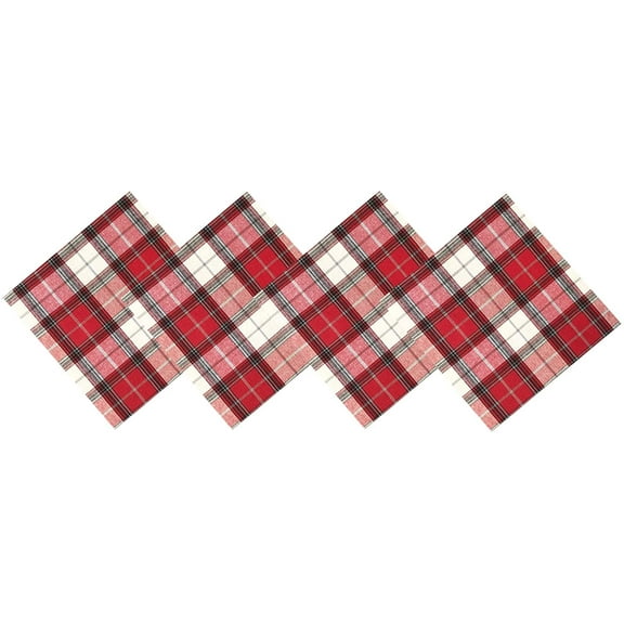 Lintex Comfy Cottage Christmas Plaid Cotton Fabric Napkins Tablecloth -Black, Red and Metallic Silver Holiday Plaid Kitchen and Dining Room Easy Care Cotton Weave Napkins, Set Of 4 Napkins