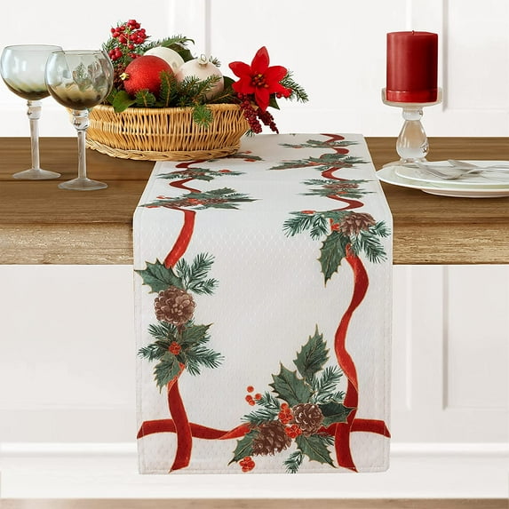 Christmas Evergreen Garland Double Ribbon Bordered 70 inch Long Fabric Dining Table Runner