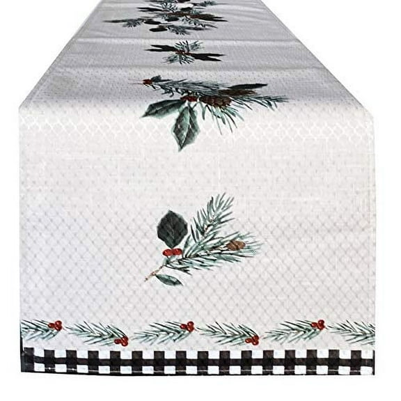 Christmas Festive Berry Black Plaid Country Rustic Bordered 70 inch Long Fabric Dining Table Runner