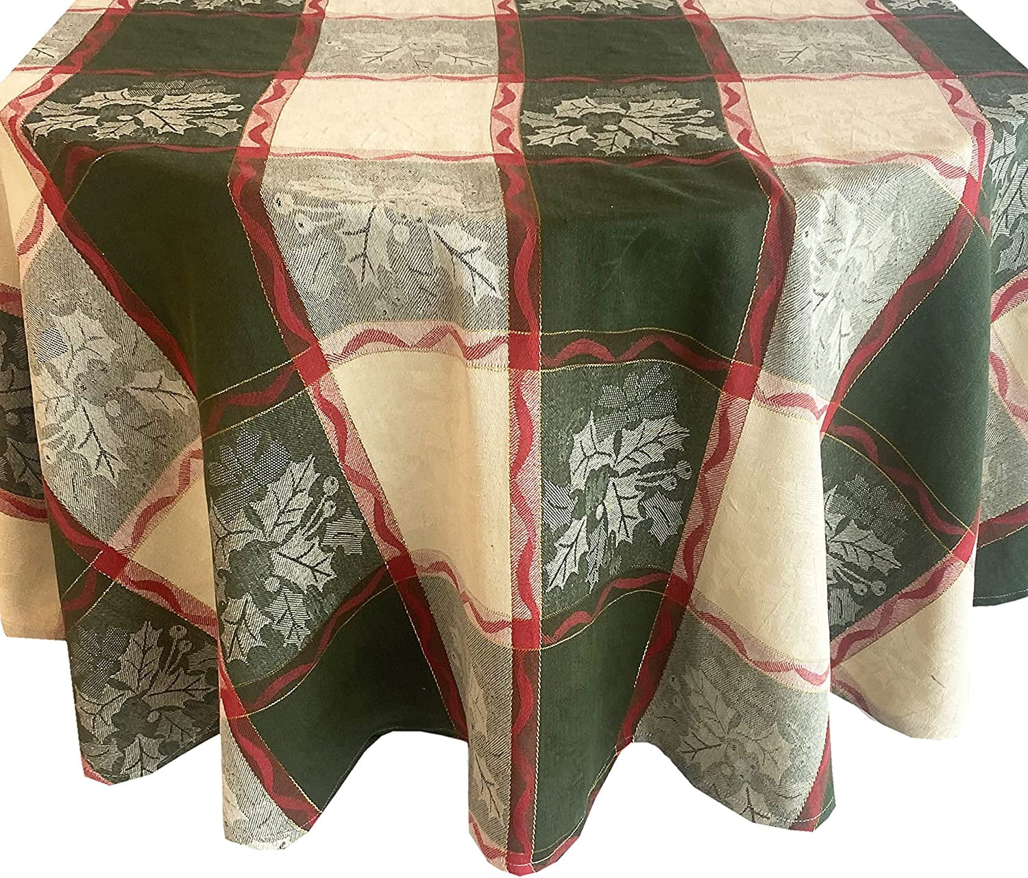 Christmas Golden Mistletoe and Ribbon Cotton Jacquard 60 x 84 inch Oval Fabric Dining Tablecloth