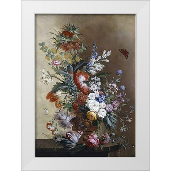 Linthorst, Jacobus 14x18 White Modern Wood Framed Museum Art Print Titled - Roses, Carnations, Crown Imperial Lily and Convolvulus