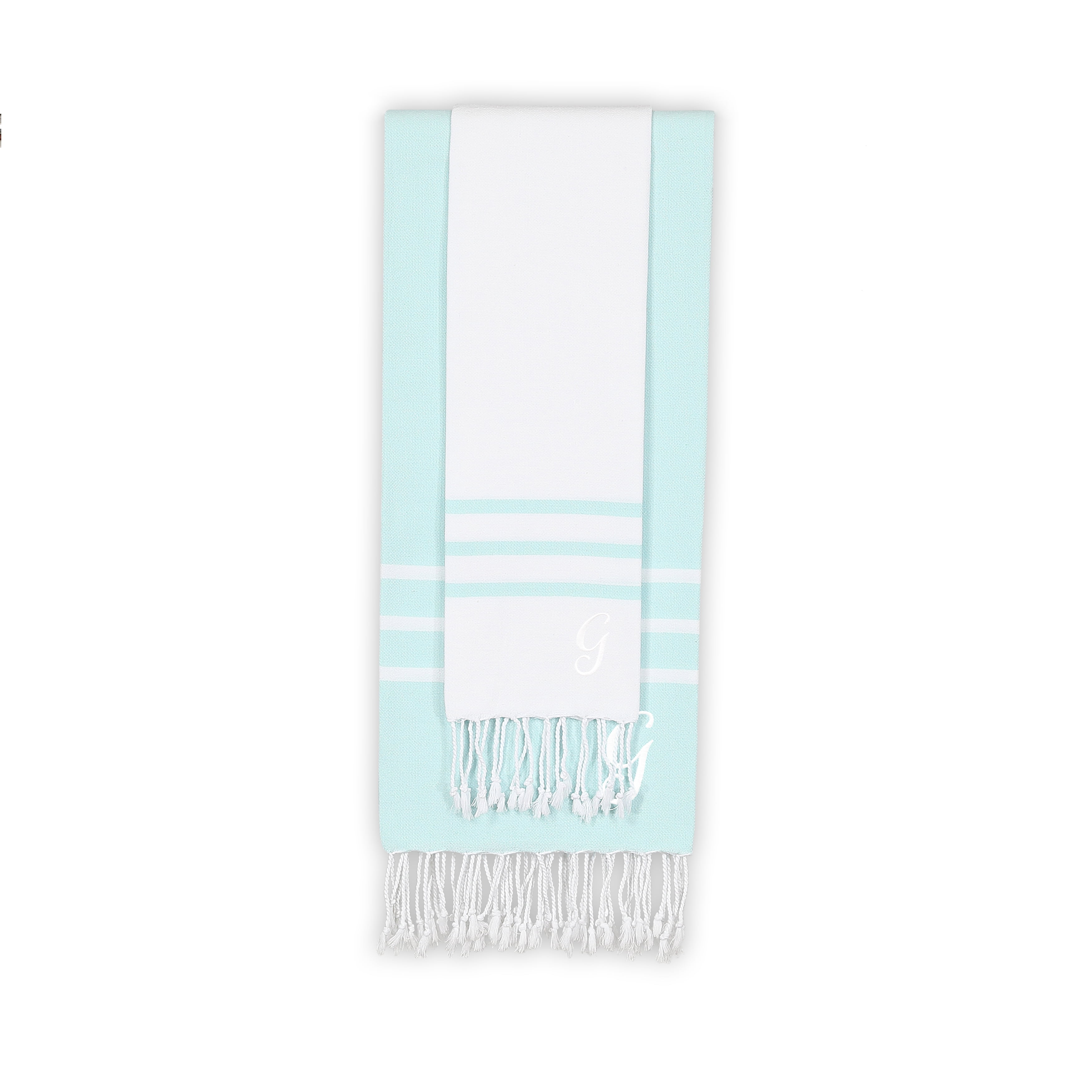 Linum Home Alara 100% Turkish Cotton Monogrammed White and Aqua Pestemal Beach Towel Set
