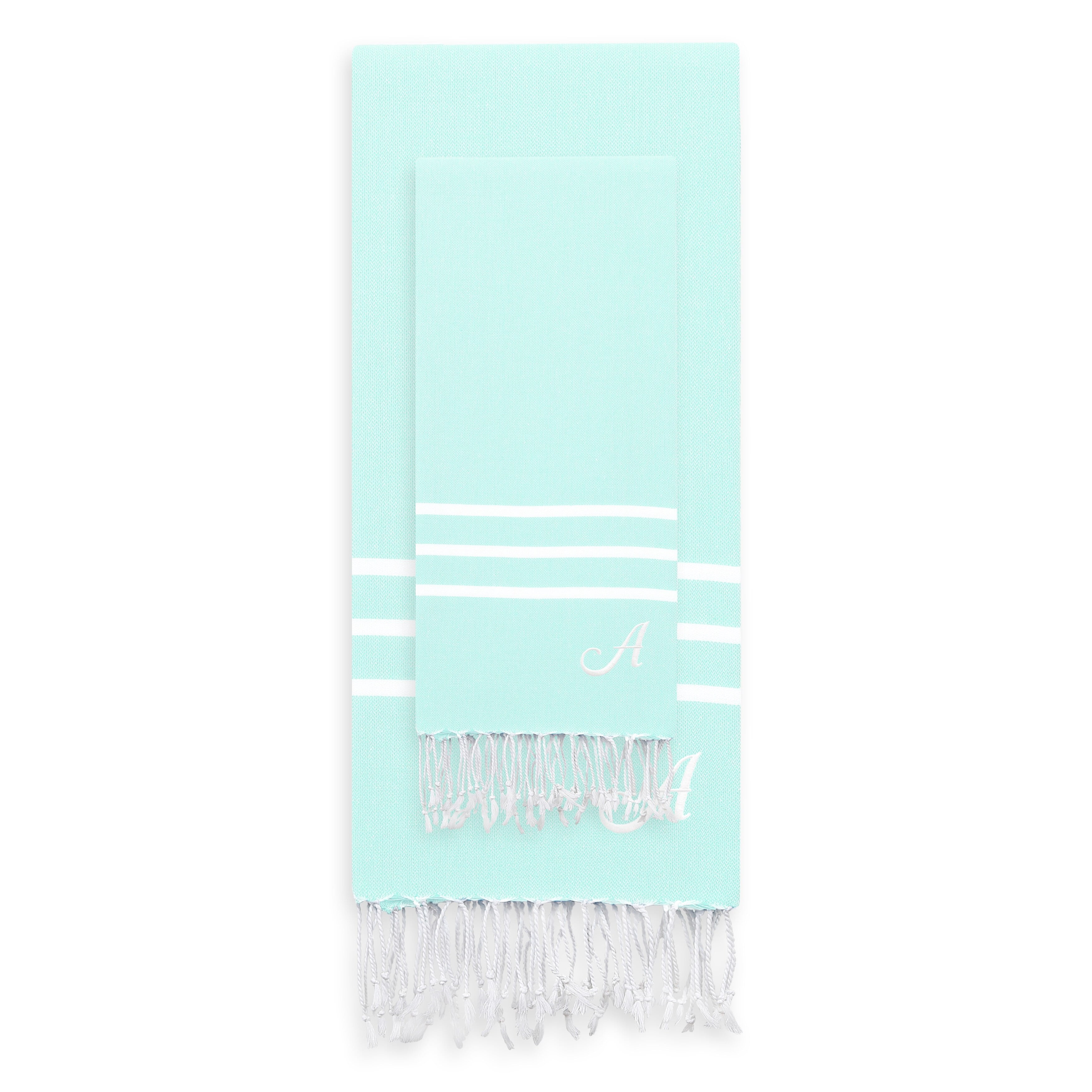 Linum Home Authentic Ella Soft Aqua Monogrammed Pestemal Fouta Turkish Cotton Beach and Head Towel Set (Set of 2) A