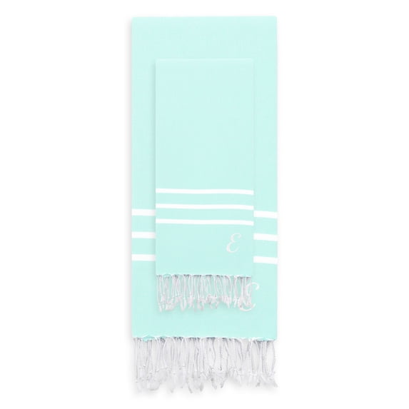 Linum Home Authentic Ella Soft Aqua Monogrammed Pestemal Fouta Turkish Cotton Beach and Head Towel Set (Set of 2) E
