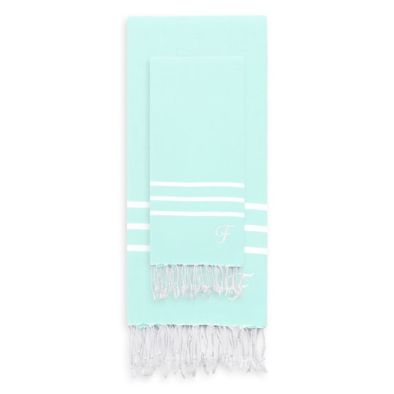 Linum Home Authentic Ella Soft Aqua Monogrammed Pestemal Fouta Turkish Cotton Beach and Head Towel Set (Set of 2) F