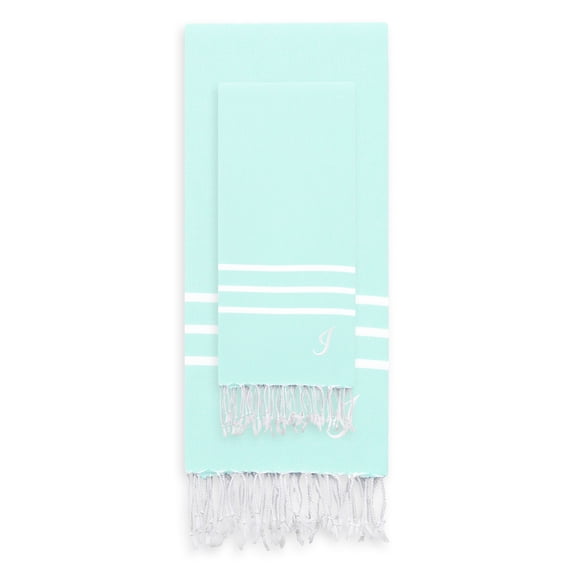 Linum Home Authentic Ella Soft Aqua Monogrammed Pestemal Fouta Turkish Cotton Beach and Head Towel Set (Set of 2) I