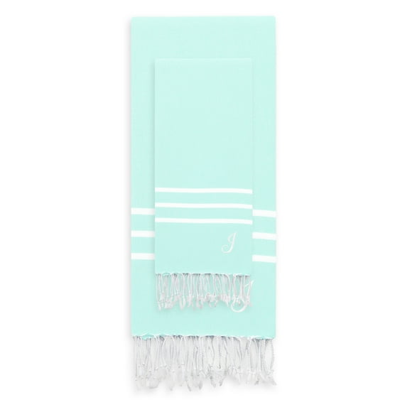 Linum Home Authentic Ella Soft Aqua Monogrammed Pestemal Fouta Turkish Cotton Beach and Head Towel Set (Set of 2) J