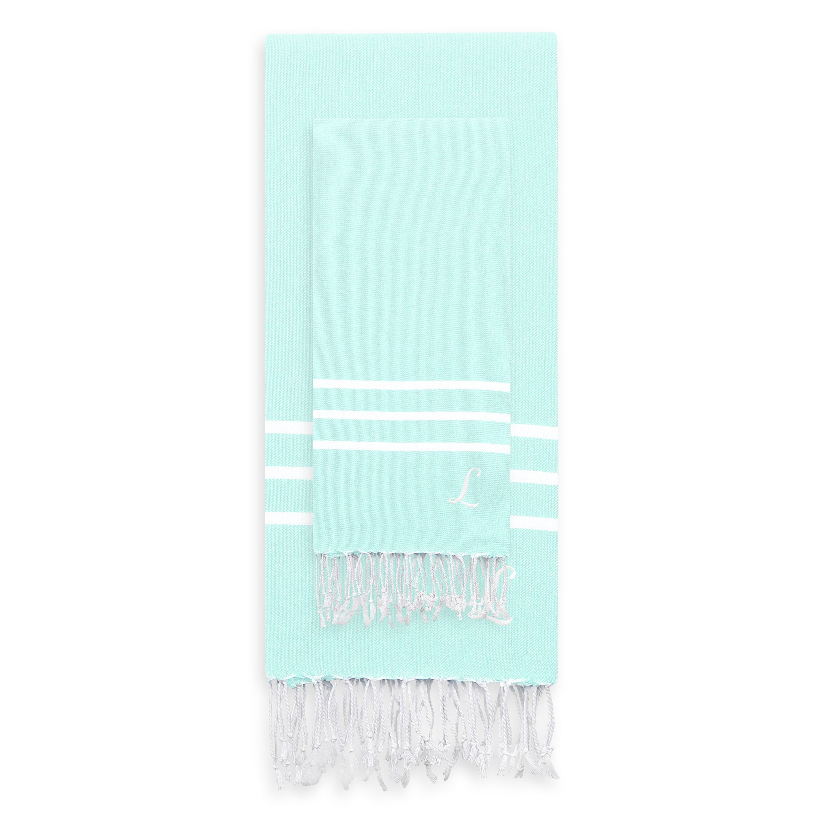 Linum Home Authentic Ella Soft Aqua Monogrammed Pestemal Fouta Turkish Cotton Beach and Head Towel Set (Set of 2) L