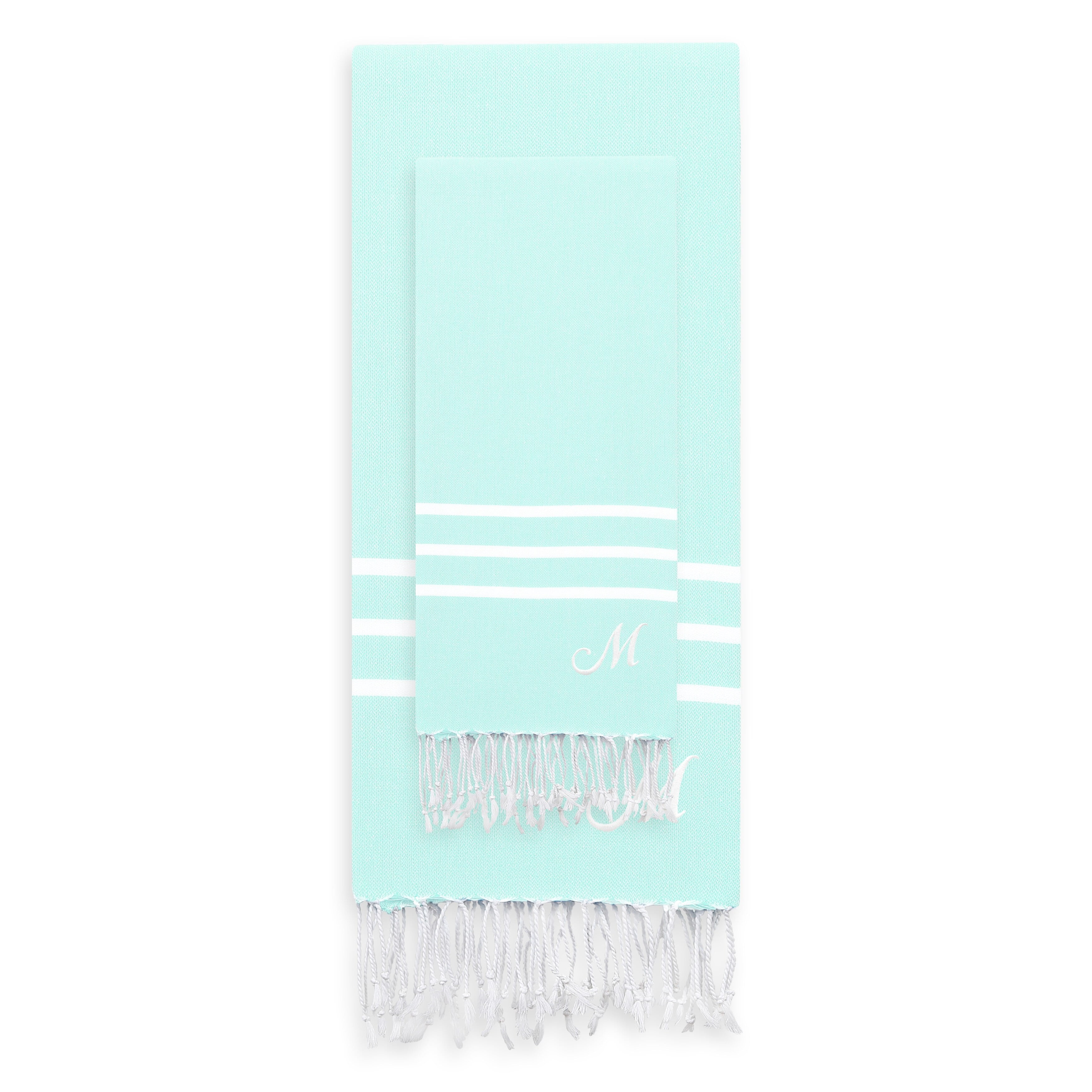 Linum Home Authentic Ella Soft Aqua Monogrammed Pestemal Fouta Turkish Cotton Beach and Head Towel Set (Set of 2) M
