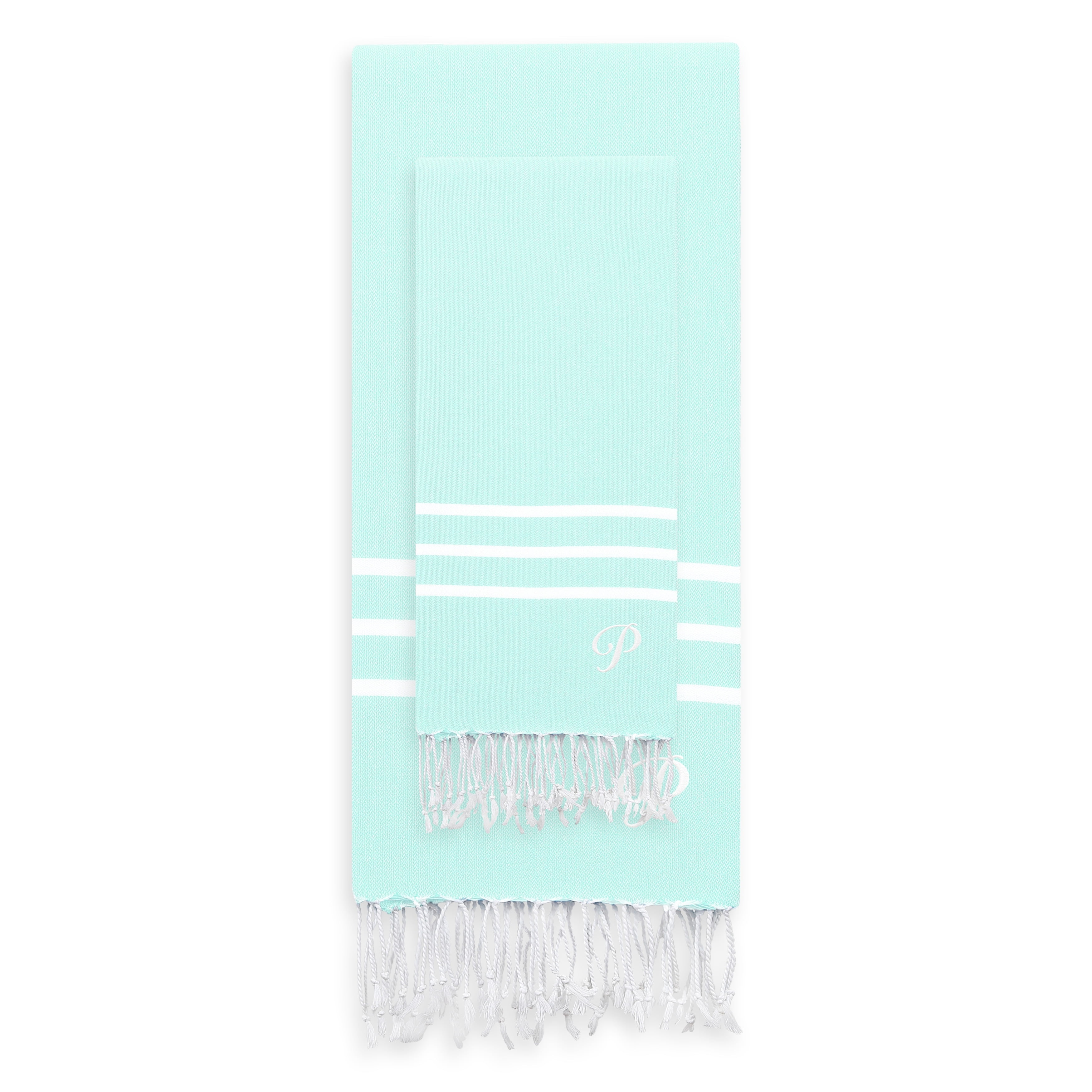 Linum Home Authentic Ella Soft Aqua Monogrammed Pestemal Fouta Turkish Cotton Beach and Head Towel Set (Set of 2) P