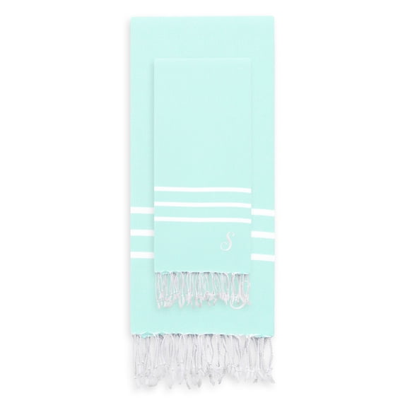 Linum Home Authentic Ella Soft Aqua Monogrammed Pestemal Fouta Turkish Cotton Beach and Head Towel Set (Set of 2) S