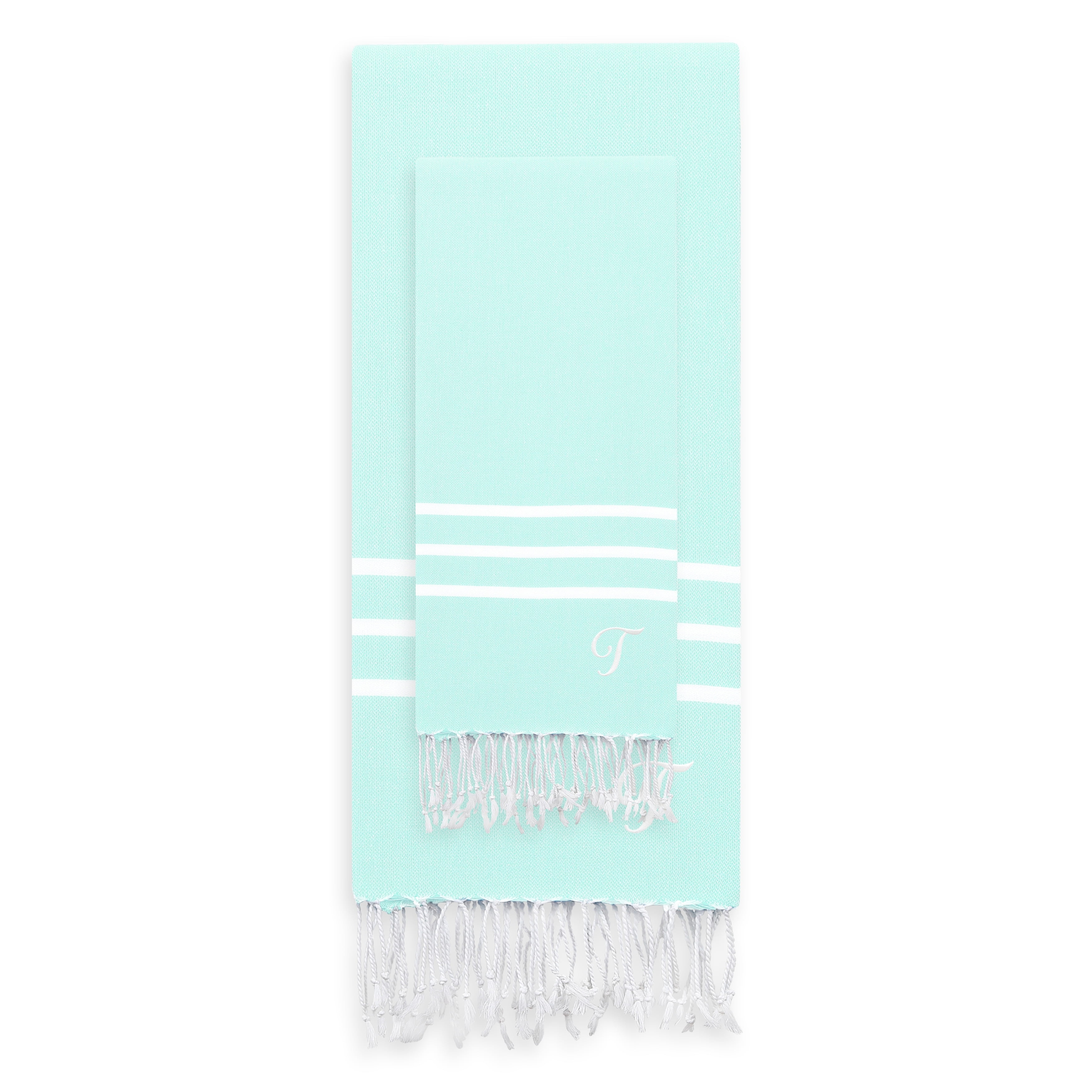 Linum Home Authentic Ella Soft Aqua Monogrammed Pestemal Fouta Turkish Cotton Beach and Head Towel Set (Set of 2) T