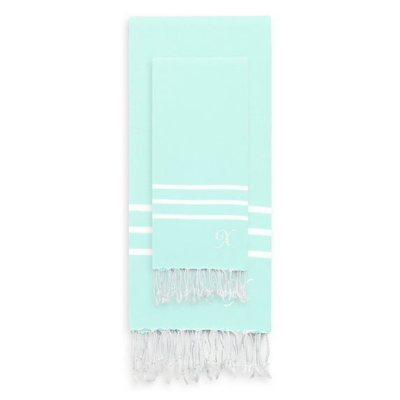 Linum Home Authentic Ella Soft Aqua Monogrammed Pestemal Fouta Turkish Cotton Beach and Head Towel Set (Set of 2) X