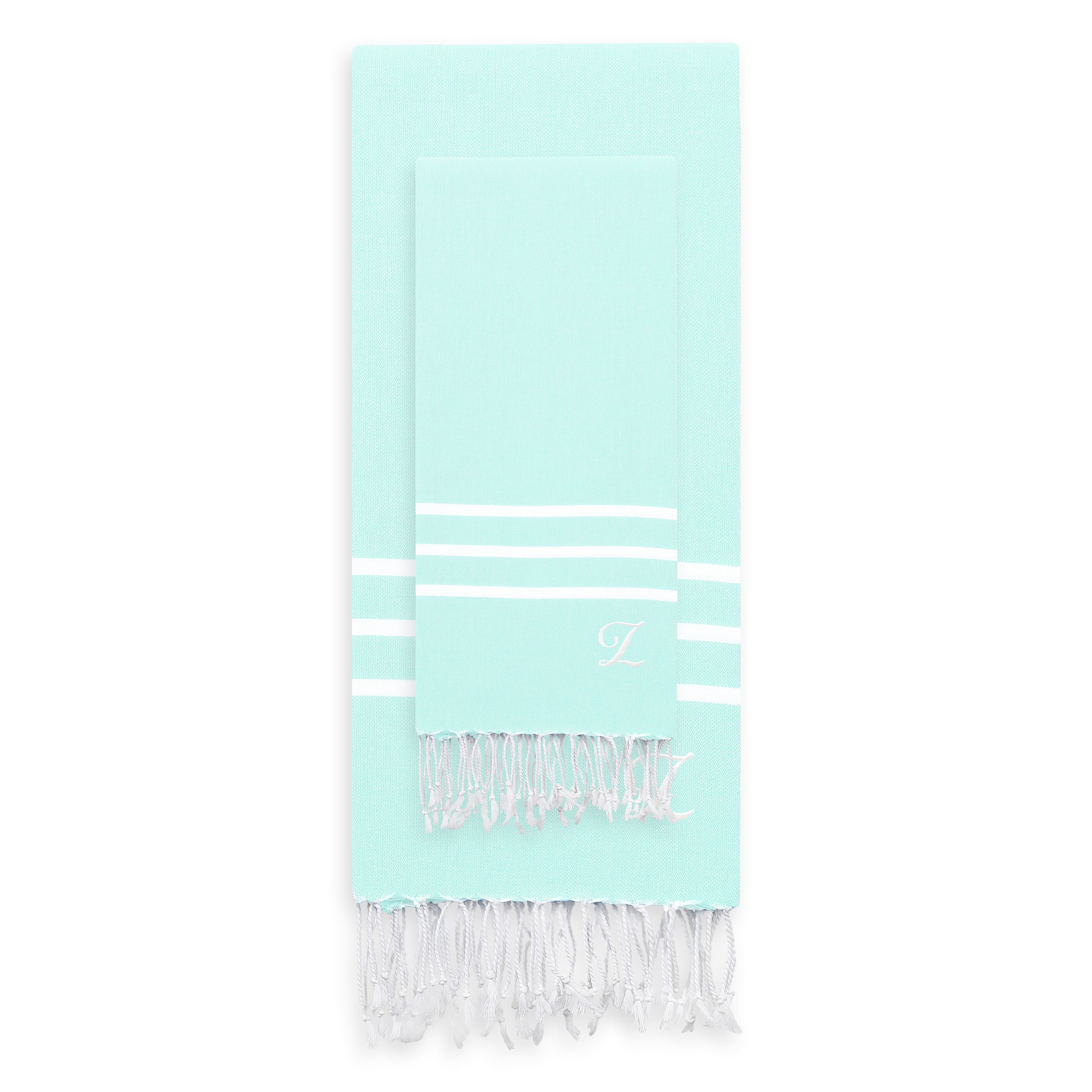 Linum Home Authentic Ella Soft Aqua Monogrammed Pestemal Fouta Turkish Cotton Beach and Head Towel Set (Set of 2) Z