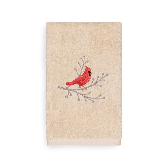 Linum Home Christmas Cardinal Embroidered Beige Turkish Cotton Hand Towel