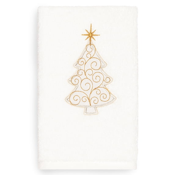Linum Home Christmas Scroll Tree Embroidered White Turkish Cotton Hand Towel