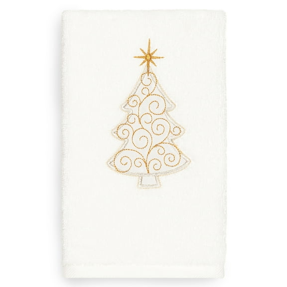 Linum Home Christmas Scroll Tree Embroidered White Turkish Cotton Hand Towel