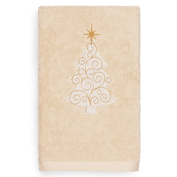 Linum Home Christmas Scroll Tree Party Embroidered Beige Turkish Cotton Hand Towel