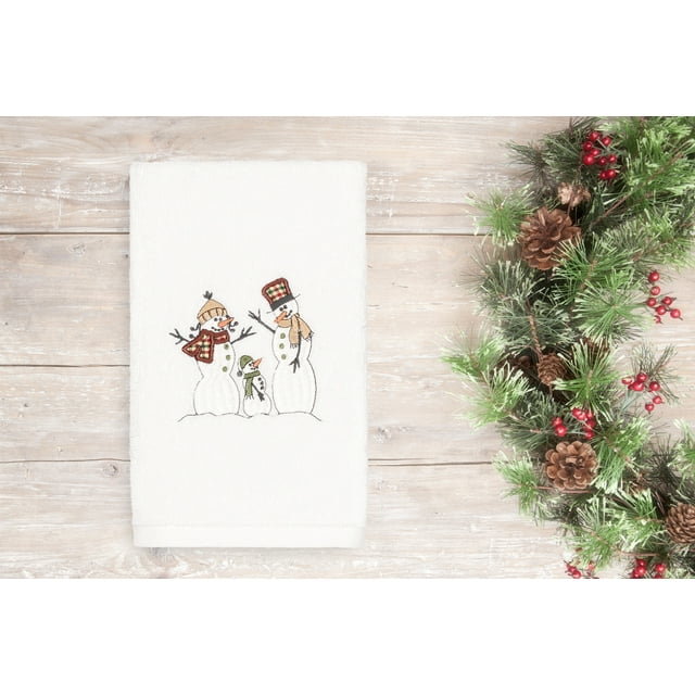 Linum Home Christmas Snow Family Embroidered White Turkish Cotton Hand Towel