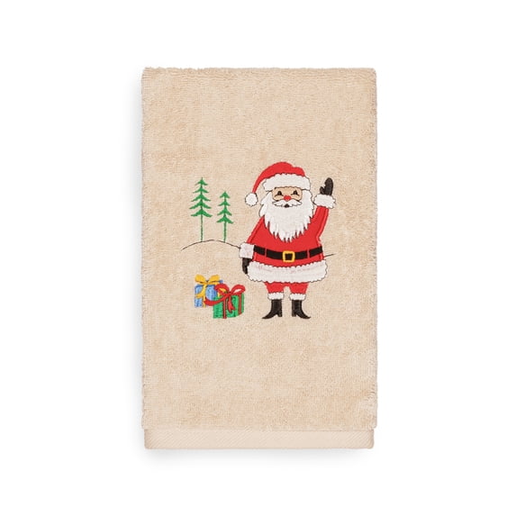 Linum Home Christmas Waving Santa Embroidered Beige Turkish Cotton Hand Towel