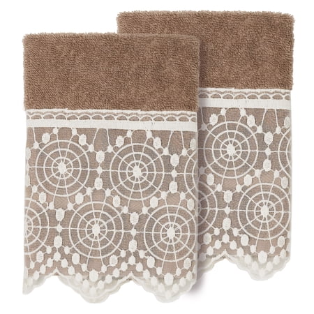 Linum Home Textiles 100% Turkish Cotton Arian 2PC Cream Lace Embellished Washcloth Set