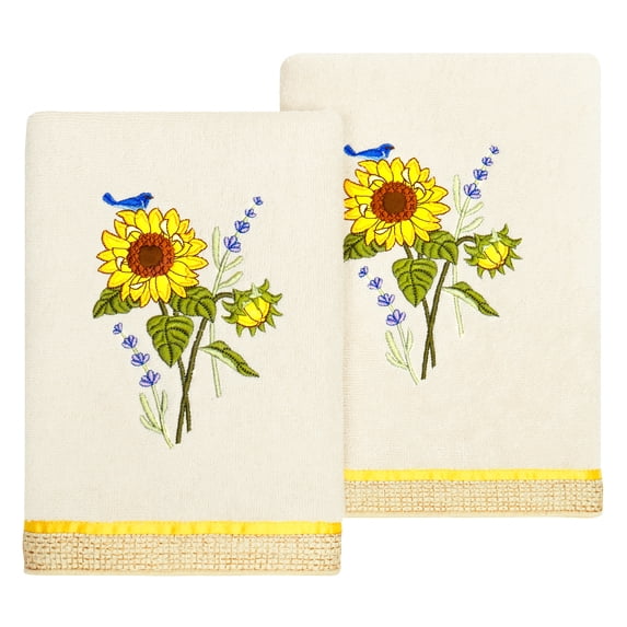 Linum Home Textiles 100% Turkish Cotton Girasol 2PC Embellished Hand Towel Set, off-white