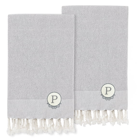Linum Home Textiles 2 Piece Turkish Cotton Personalized Fun in Paradise Pestemal Hand Towels, 43 in x 21 in, Gray