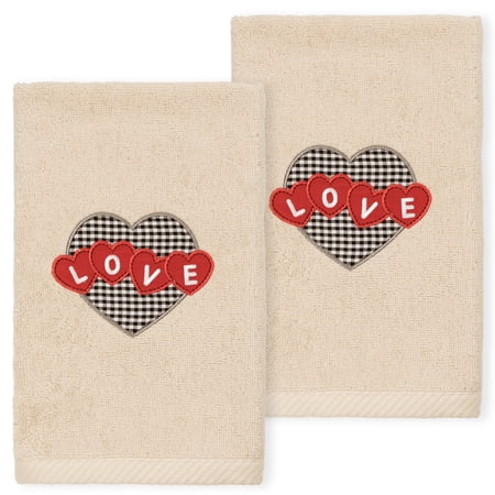 Linum Home Textiles 2 Pieces Embroidery Cotton Hand Towels, 16" x 30", Beige