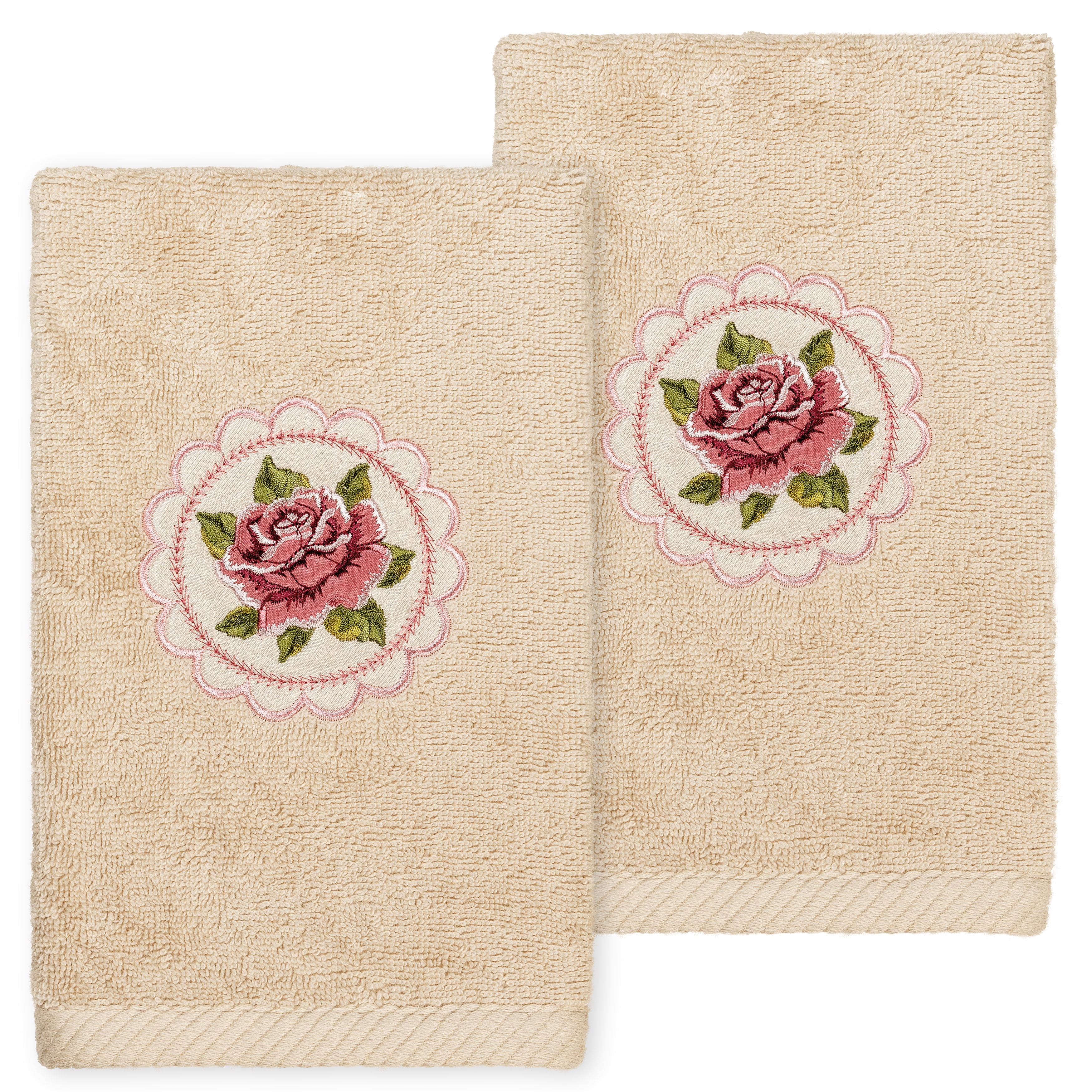 Linum Home Textiles 2 Pieces Embroidery Cotton Hand Towels, 16" x 30", Beige