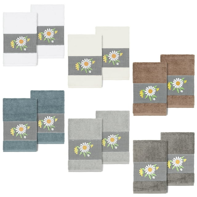 Linum Home Textiles 2 Pieces Texture/Embroidery Cotton Hand Towel, 30" x 16", White