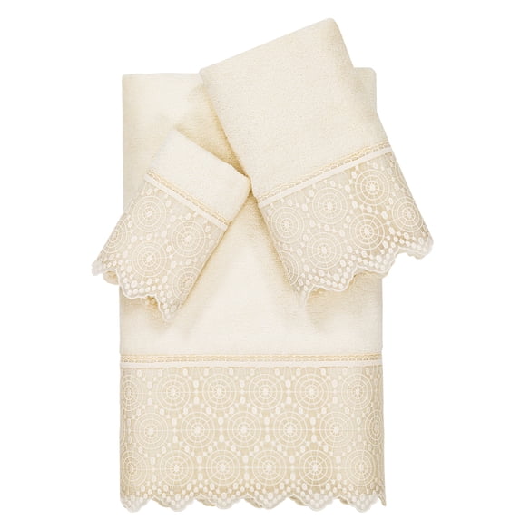Linum Home Textiles 3 Piece Cotton Embellished Bath Towel Set, off-White