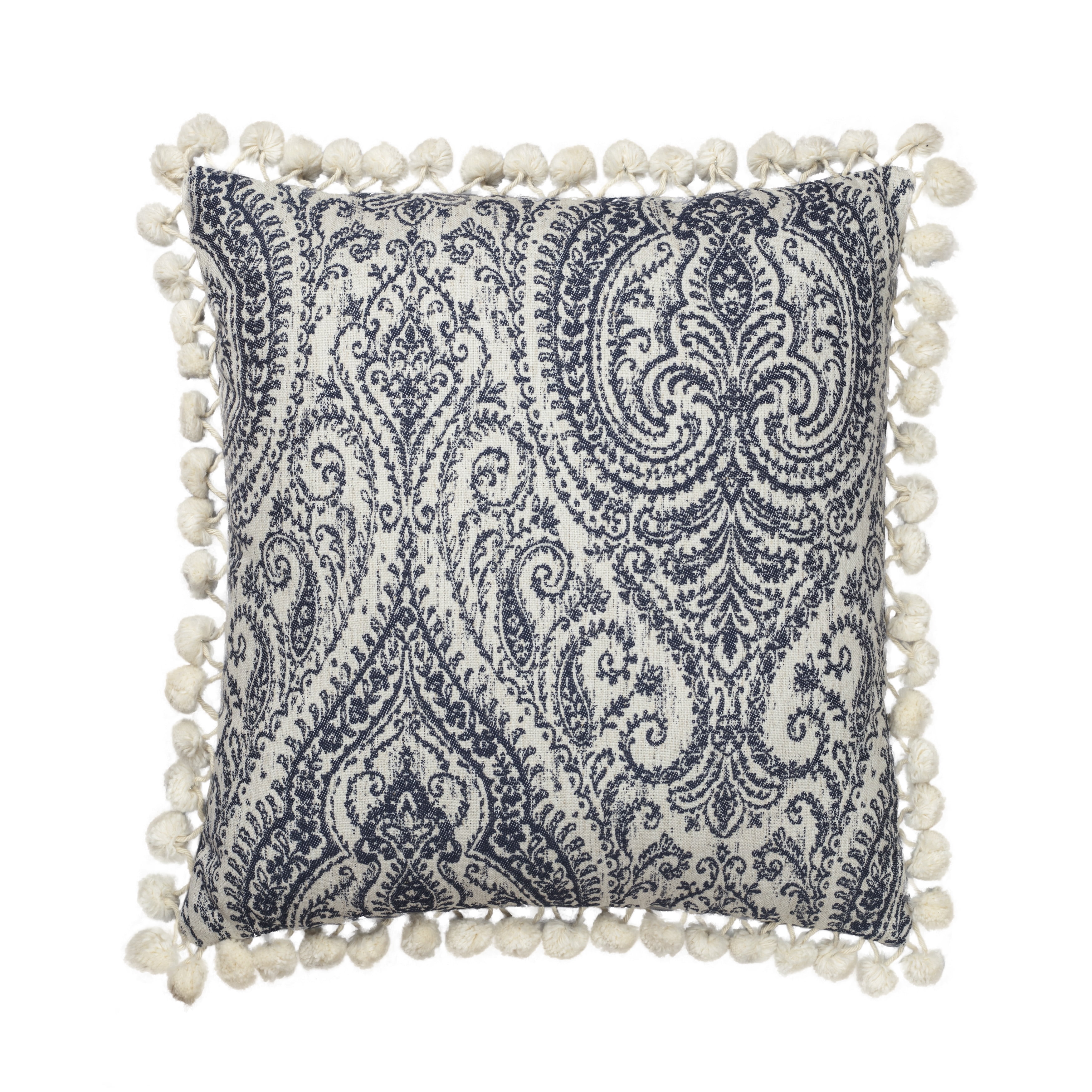 Blue and White Cotton Polyester Pom Pom Box Throw Pillow