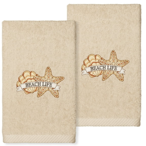 Linum Home Textiles Beach Life - Embroidered Luxury 100% Turkish Cotton Hand Towels (Set of 2)