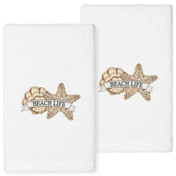 Linum Home Textiles Beach Life Embroidered Luxury 2 Piece Turkish Cotton Hand Towels, 16" x 30", White