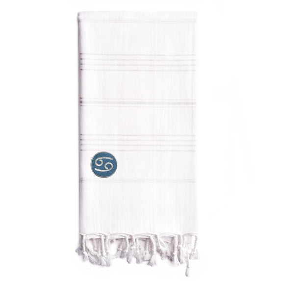 Linum Home Textiles Cancer Turkish Cotton Summer Fun Horoscope Pestemal Beach Towel, 69" x 39", White